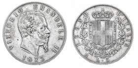 Regno d'Italia
Vittorio Emanuele II (1861-1878)
5 Lire 1873 - Zecca: Roma - Diritto: effigie del Re a destra - Rovescio: stemma di Casa Savoia coron...