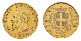 Regno d'Italia
Vittorio Emanuele II (1861-1878)
20 Lire 1870 - Zecca: Roma - Diritto: effigie del Re a destra - Rovescio: stemma di Casa Savoia coro...