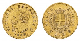 Regno d'Italia
Vittorio Emanuele II (1861-1878)
5 Lire 1863 - Zecca: Torino - Diritto: effigie del Re a sinistra - Rovescio: stemma di Casa Savoia c...