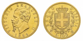 Regno d'Italia
Vittorio Emanuele II (1861-1878)
100 Lire 1864 - Zecca: Torino - Diritto: effigie del Re a sinistra - Rovescio: stemma di casa Savoia...