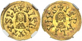 Sisebuto (612-621). Ispali (Sevilla). Triente. (CNV. 219.6 var) (R.Pliego 274a). Bella. Encapsulada. EBC+/EBC.