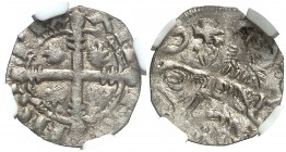 Alfonso IX (1188-1230). ¿Santiago de Compostela?. Dinero. (AB. ¿130?) (M.M. A9:5.¿16?). Vellón muy rico. Encapsulada. EBC-.