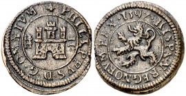 1597. Felipe II. Segovia. 2 maravedís. (AC. 88, mismo ejemplar) (J.S. B-10). 3,38 g. Acueducto vertical de tres arcos y dos pisos a derecha. Encapsula...