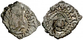 16(sic). Felipe III. Banyoles. 1 diner. (AC. 7) (Cru.C.G. 3661). 0,77 g. Contramarca: cabeza de fraile en reverso, realizada en 1605. Buen ejemplar. E...