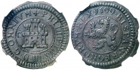 1599. Felipe III. Segovia. C. 2 maravedís. (AC. 180) (J.S. C-36). Cospel ligeramente irregular. Bella. Encapsulada. EBC-.