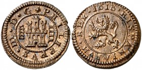 1618/6. Felipe III. Segovia. 4 maravedís. (AC. 267, mismo ejemplar, indica fecha 1618/7 por error) (J.S. D-251, indica 1618/7). 3,24 g. Acueducto a iz...