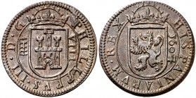 1603/4. Felipe III. Segovia. 8 maravedís. (AC. 325) (J.S. falta). 6,85 g. Bella. Encapsulada. Escasa así. EBC-.