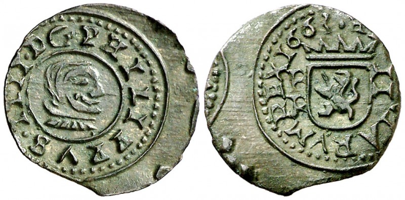 1663 Felipe IV. Burgos. R. 2 maravedís. (AC. 113) (J.S. M-44). 0,56 g. Descentra...