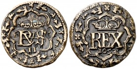 1658. Felipe IV. Segovia. 2 maravedís. (AC. 160, mismo ejemplar) (J.S. K-107, mismo ejemplar). 2,70 g. Prueba no adoptada. Encapsulada. Ex Colección J...
