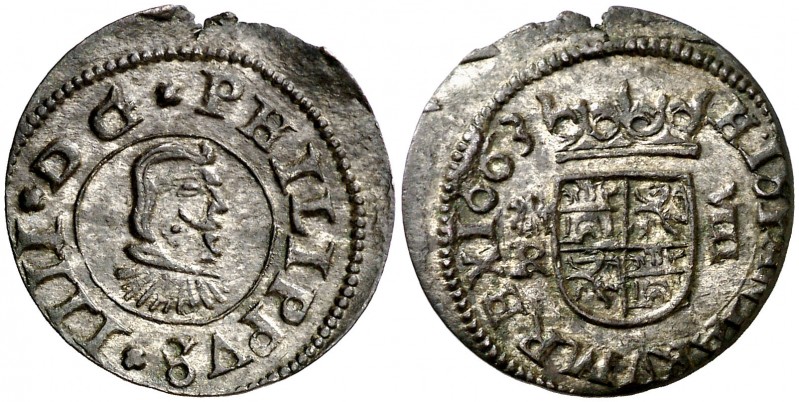 1663. Felipe IV. Coruña. R. 8 maravedís. (AC. 319) (J.S. M-147). 2,36 g. Algo de...