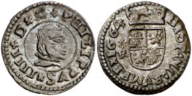 1664. Felipe IV. Coruña. R. 8 maravedís. (AC. 321) (J.S. M-160). 2 g. Sin indicación de valor. Bella. Encapsulada. Ex Colección Isabel de Trastámara 2...