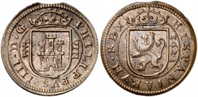 1621. Felipe IV. Segovia. 8 maravedís. (AC. 385, mismo ejemplar) (J.S. F-269). 6,76 g. Pequeña parte del canto final de riel. Bella. Precioso color. E...