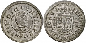 1664. Felipe IV. Coruña. R. 16 maravedís. (AC. 455) (J.S. M-133). 4,51 g. Letras S al revés. Conserva parte del plateado original. Muy bella. Encapsul...