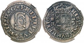 1664. Felipe IV. Coruña. R. 16 maravedís. (AC. 455) (J.S. M-137, mismos cuños). El 4 de la fecha rectificado sobre otro. Bella. Encapsulada. Muy rara ...