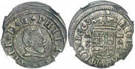 1663. Felipe IV. M (Madrid). S. 16 maravedís. (AC. 475) (J.S. M-380). Ligeramente descentrada. Encapsulada. EBC/EBC+.
