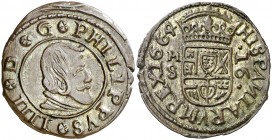 1664. Felipe IV. M (Madrid). S. 16 maravedís. (AC. 480) (J.S. M-389). 4,53 g. Bella. Encapsulada. Escasa así. EBC/EBC+.