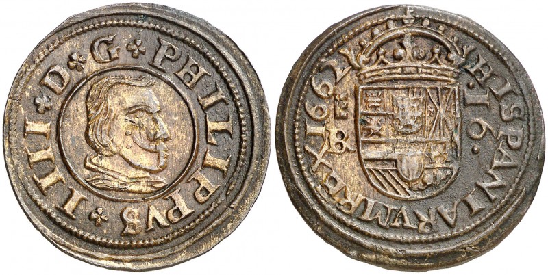 1662. Felipe IV. Segovia. BR. 16 maravedís. (AC. 488) (J.S. M-523). 4,29 g. Dos ...
