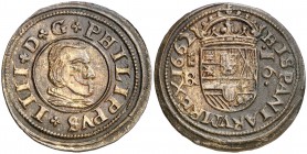 1662. Felipe IV. Segovia. BR. 16 maravedís. (AC. 488) (J.S. M-523). 4,29 g. Dos puntos sobre el busto. Preciosa pátina. Bella. Encapsulada. Muy escasa...