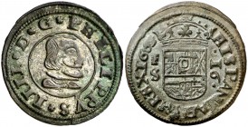 1663. Felipe IV. Segovia. S. 16 maravedís. (J.S. pág. 459-460). 4,13 g. Falsa de época de fecha imposible para este ensayador. Escusón de Portugal sin...