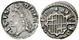 1708. Carlos III, Pretendiente. Barcelona. 1 diner. (AC. 1) (Cru.C.G. 5007). 0,73 g. Bella. Escasa así. EBC-.