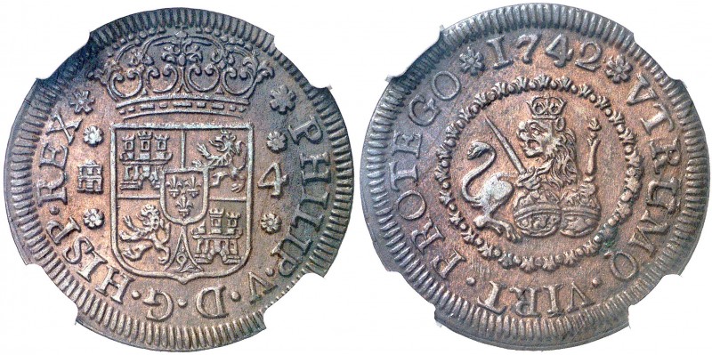 1742. Felipe V. Segovia. 4 maravedís. (AC. 94). Bella. En cápsula de la NGC como...