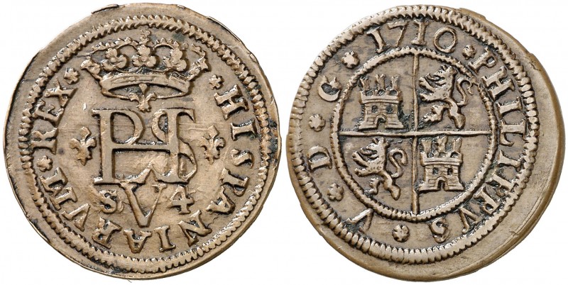 1710. Felipe V. Sevilla. 4 maravedís. (AC. 97, mismo ejemplar). 4,28 g. Prueba n...