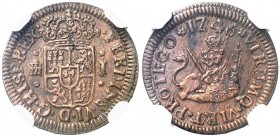 1746. Fernando VI. Segovia. 1 maravedí. (AC. 18). Bella. Brillo original. En cápsula de la NGC como MS62 BN, nº 2619562-008. Escasa así. S/C-.