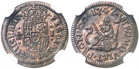 1747. Fernando VI. Segovia. 1 maravedí. (AC. 19). Muy bella. Brillo original. En cápsula de la NGC como MS64 BN, nº 2619562-009. Escasa así. S/C.
