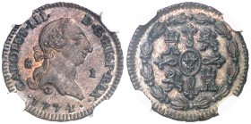 1774. Carlos III. Segovia. 1 maravedí. (AC. 30). Bella. Brillo original. En cápsula de la NGC como MS63 BN, nº 2611443-001. Rara así. EBC+.