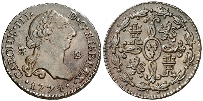1774. Carlos III. Segovia. 2 maravedís. (AC. 36). 2,48 g. Pátina. Buen ejemplar....