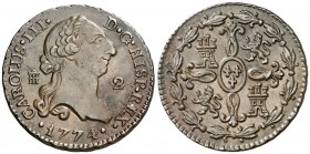 1774. Carlos III. Segovia. 2 maravedís. (AC. 36). 2,48 g. Pátina. Buen ejemplar. En cápsula de la NGC como AU58 BN, nº 2648367-008. Ex Colección Isabe...
