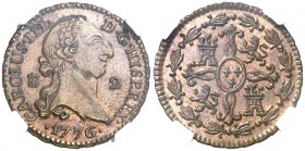 1776. Carlos III. Segovia. 2 maravedís. (AC. 40). Bella. Parte de brillo original. En cápsula de la NGC como MS62 BN, nº 2635433-014. Rara y más así. ...
