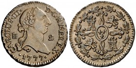 1777. Carlos III. Segovia. 2 maravedís. (AC. 41). 2,43 g. Pátina. Atractiva. Brillo original. En cápsula de la NGC como MS62 BN, nº 2648367-010. Ex Co...
