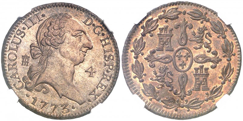 1773. Carlos III. Segovia. 4 maravedís. (AC. 53). Bella. En cápsula de la NGC co...