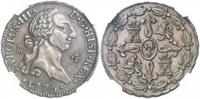 1775. Carlos III. Segovia. 4 maravedís. (AC. 55). Atractiva. Encapsulada. Escasa así. EBC.