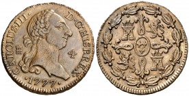 1777. Carlos III. Segovia. 4 maravedís. (AC. 57). 5 g. Pátina. Bella. Brillo original. En cápsula de la NGC como MS63 BN, nº 2648367-015. Ex Colección...