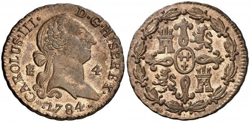 1784. Carlos III. Segovia. 4 maravedís. (AC. 63). 5,45 g. Pátina. Muy bella. Bri...