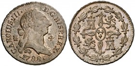 1788. Carlos III. Segovia. 4 maravedís. (AC. 67). 5,49 g. Levísimas marquitas. Pátina. Muy bella. Brillo original. En cápsula de la NGC como MS63 BN, ...