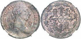 17(...). Carlos III. Segovia. 8 maravedís. (AC. tipo 18). Defecto de acuñación que afecta a la fecha. Precioso color. Encapsulada. (EBC-/EBC).