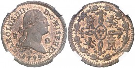 1799. Carlos IV. Segovia. 2 maravedís. (AC. 34). 2,49 g. Muy bella. Brillo original. En cápsula de la NGC como MS65 RB, nº 2645606-012. Ex Colección R...