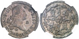 1801. Carlos IV. Segovia. 2 maravedís. (AC. 35). Atractiva. En cápsula de la NGC como MS63 BN, nº 2619562-010. EBC-.