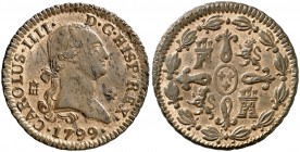 1799. Carlos IV. Segovia. 4 maravedís. (AC. 53). 5,29 g. Leves impurezas. Muy bella. Brillo original. En cápsula de la NGC como MS63 RB, nº 2800890-00...