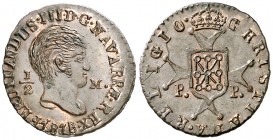 1818. Fernando VII. Pamplona. 1/2 maravedí. (AC. 25, mismo ejemplar). 0,85 g. Busto desnudo. Bellísima. Resto de brillo original. En cápsula de la NGC...