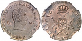 1826. Fernando VII. Pamplona. 3 maravedís. (AC. 49). Bella. Brillo original. En cápsula de la NGC como MS63 BN, nº 2059720-001. Muy rara así. S/C-....