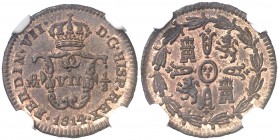 1814. Fernando VII. México. 1/8 de tlaco (1/4 de real). (AC. 104). Muy bella. Pleno brillo original. En cápsula de la NGC como MS65 RB, nº 2645606-005...