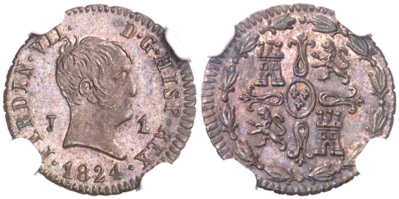 1824. Fernando VII. Jubia. 1 maravedí. (AC. 124). Tipo "cabezón". Bella. Brillo ...