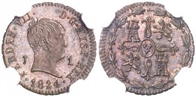 1824. Fernando VII. Jubia. 1 maravedí. (AC. 124). Tipo "cabezón". Bella. Brillo original. En cápsula de la NGC como MS65 BN, nº 2757598-009. Escasa as...