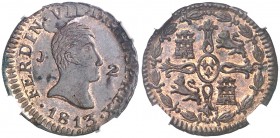 1813. Fernando VII. Jubia. 2 maravedís. (AC. 125) (Casal Fernández & Núñez Meneses 2, mismo ejemplar). Exceso de metal. Bella. Brillo original. En cáp...