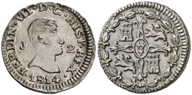 1814. Fernando VII. Jubia. 2 maravedís. (AC. 126) (Casal Fernández & Núñez Meneses 3, mismo ejemplar). 2,67 g. Atractiva. En cápsula de la NGC como MS...