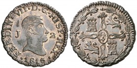 1815. Fernando VII. Jubia. 2 maravedís. (AC. 128) (Casal Fernández & Núñez Meneses 5, mismo ejemplar). 2,68 g. Bellísima. Brillo original. En cápsula ...